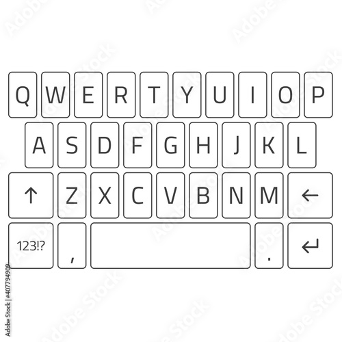 Qwerty keyboard set. Keyboard of smartphone, alphabet and numbers buttons. Mobile phone keypad vector mock-up. Compact virtual key board for mobile device. Vector illustration EPS 10.
