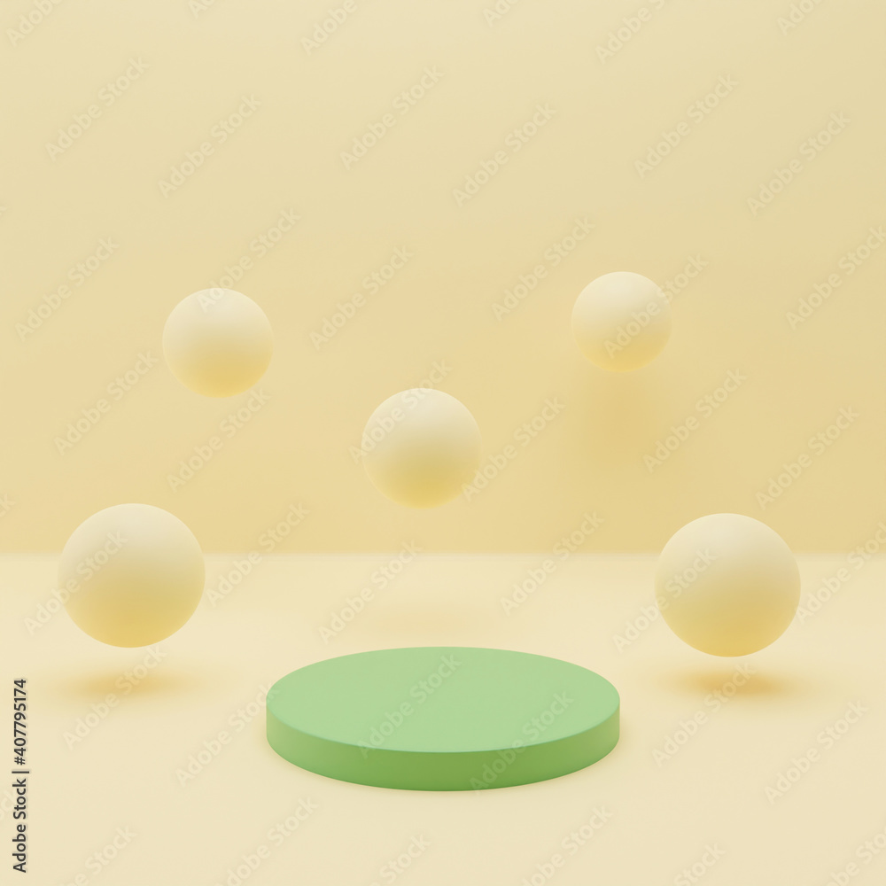 3d minimal scene with geometrical podium and balls abstract background in pastel colors