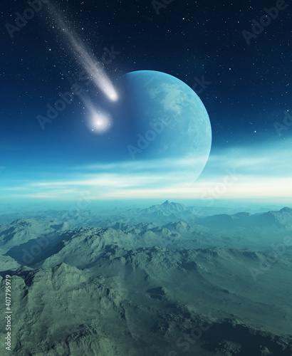 3d rendered Space Art  Alien Planet - A Fantasy Landscape with blue skies and clouds