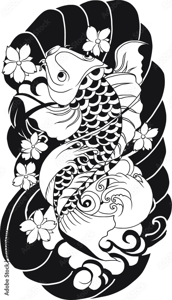 hand drawn koi fish with flower tattoo for Arm.Japanese koi carp fish isolate for arm tattoo.Design for deck surf skateboard. Векторный объект Stock