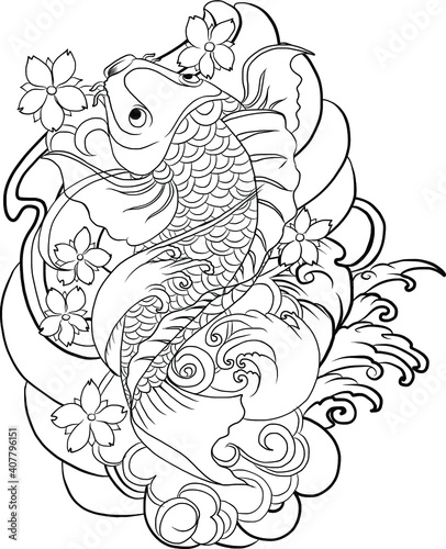 hand drawn koi fish with flower tattoo for Arm.Japanese koi carp fish isolate for arm tattoo.Design for deck surf skateboard.