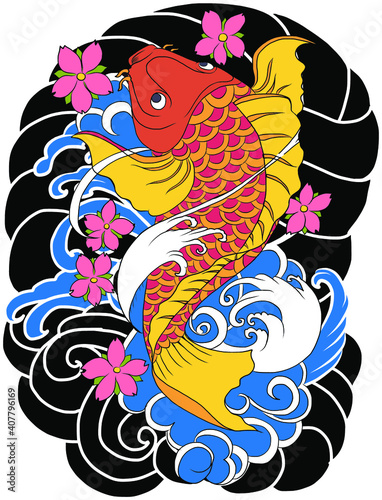 hand drawn koi fish with flower tattoo for Arm.Japanese koi carp fish isolate for arm tattoo.Design for deck surf skateboard.