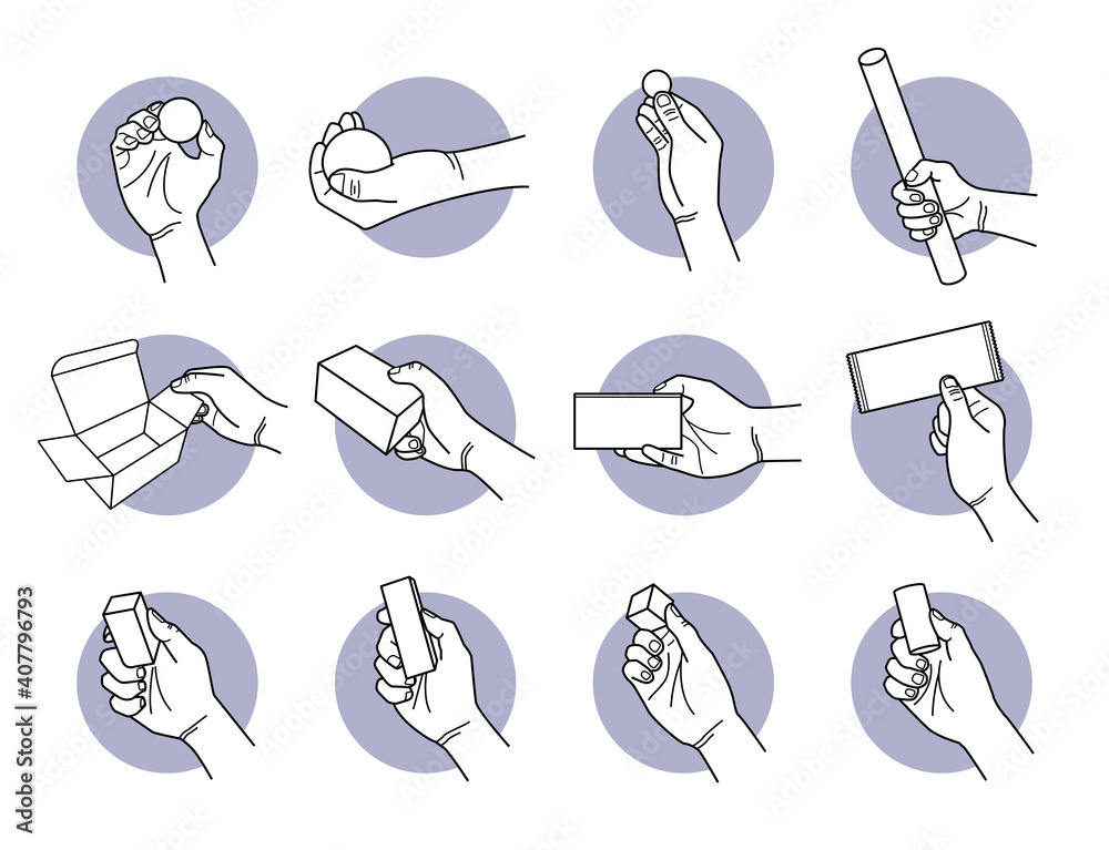 Hand holding random objects and shapes. Vector illustrations of a hand