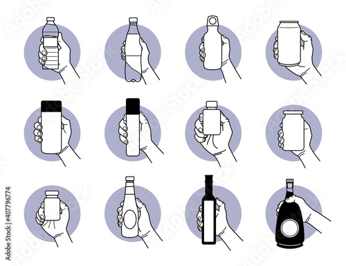 Hand holding different type of drinking and beverage bottle designs. Vector illustration of hand holding plastic bottle, aluminum flask, tin can, peanut butter jam jar, glass bottle and liquor.
