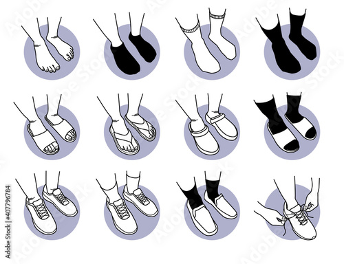 Foot and feet wearing different type of shoes and socks. Vector illustration of leg wearing stockings, slipper, sandal, sportwear, and business leather shoes. Hand tying shoelaces.