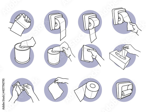 Hand holding and using toilet paper and tissue. Vector illustrations of hand holding, pulling, and getting toilet paper from holder. Finger grabbing a tissue paper from box and package.