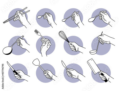 Hand holding kitchen utensils and cooking tools. Vector illustrations of a hand holding chopsticks, spoon, fork, whisk, knife, and spatula.