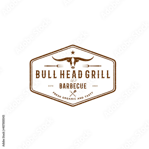 Grill Restaurant Logo Vector Illustration, Barbecue Steak House Menu Emblem, Bull Head Silhouette, Vintage Typography Badge Design