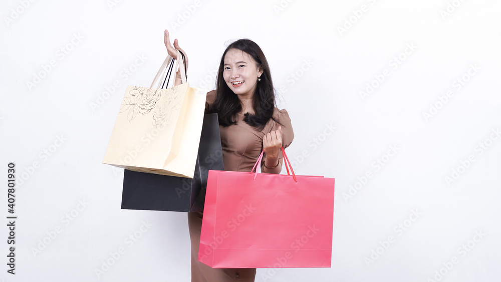 cheerful asian woman shopping isolated white background cheerful asian woman shopping isolated white background