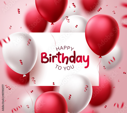 Happy birthday vector template design. Birthday greeting text with balloons and confetti elements for party celebrations and decoration in blurred background. Vector illustration.
