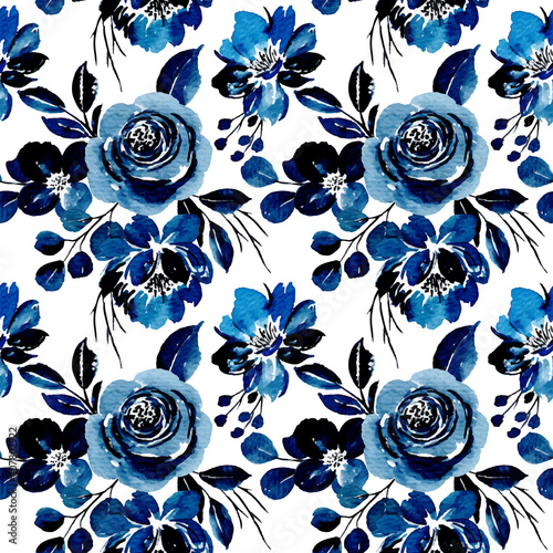 Seamless pattern of blue floral watercolor