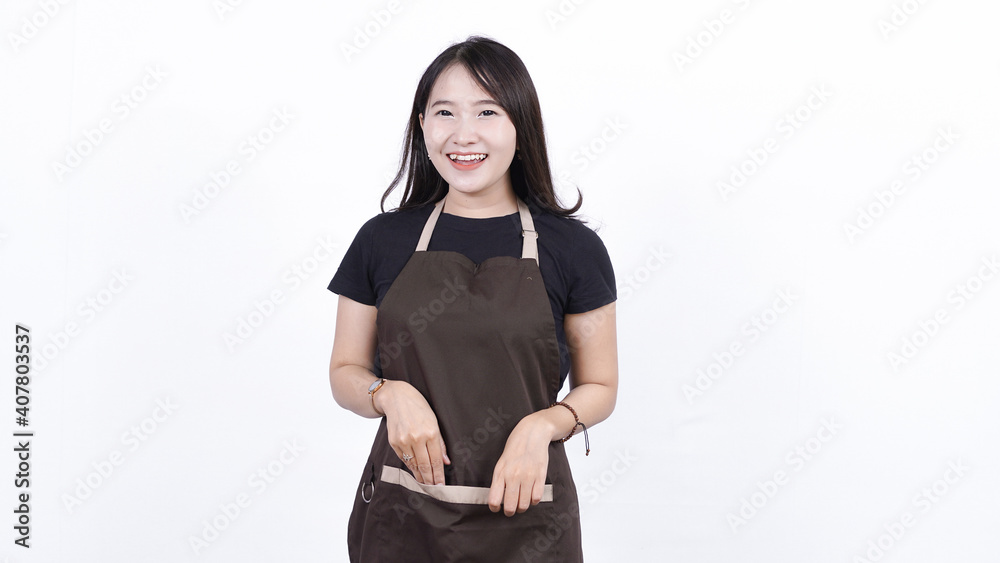 asian woman shopkeeper isolated white background asian woman shopkeeper isolated white background