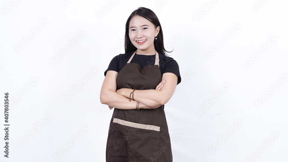 asian woman shopkeeper isolated white background asian woman shopkeeper isolated white background