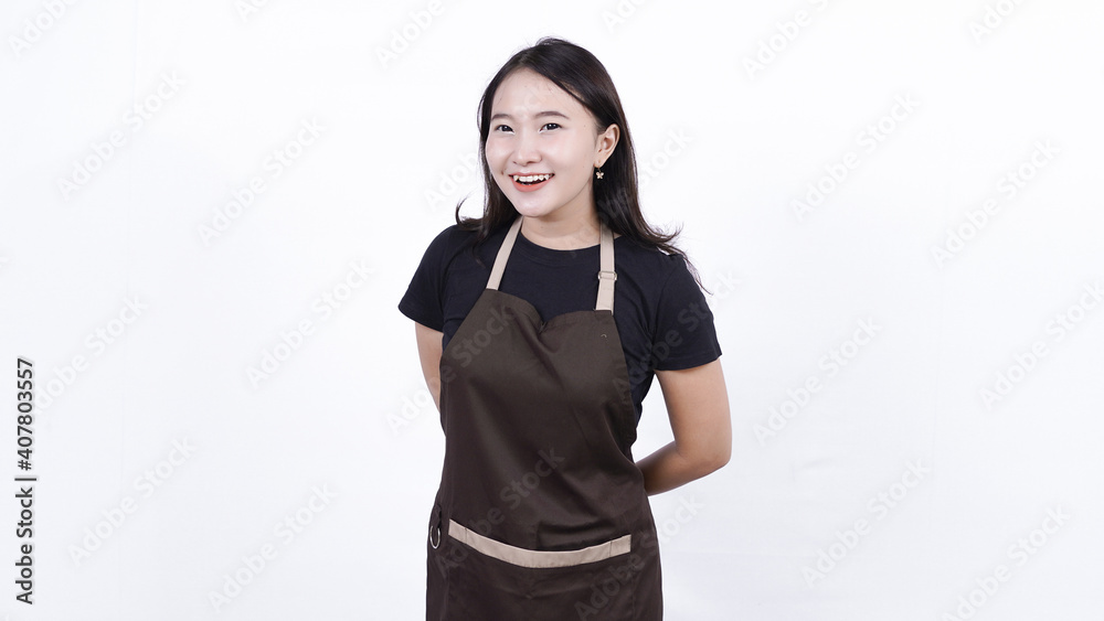 asian woman shopkeeper isolated white background asian woman shopkeeper isolated white background