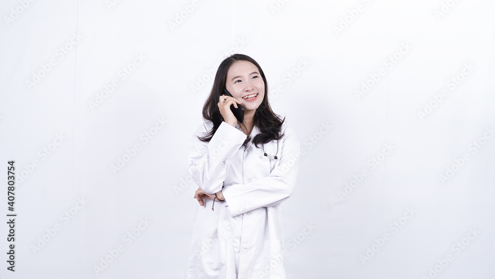 asian doctor woman calling isolated white background asian doctor woman calling isolated white background