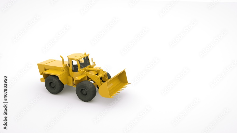 Modern farm tractor with a bucket and large wheels. Agricultural industrial equipment. 3d picture, object of illustration on a white background.