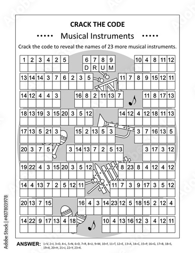 Crack the code word game, or codebreaker word puzzle, with names of various musical instruments. Answer included.
