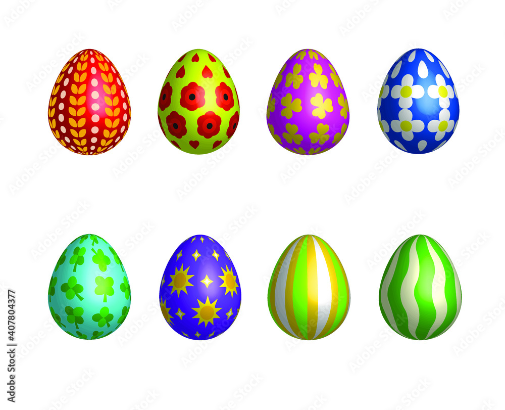  vector set with voluminous multicolored Easter eggs isolated on white background
