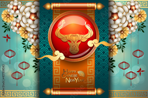 Abstract chinese new year 2021 with Traditional Chinese Wording, Year of Bull. The meaning are Lucky and Happy. Vector and Illustration, EPS 10