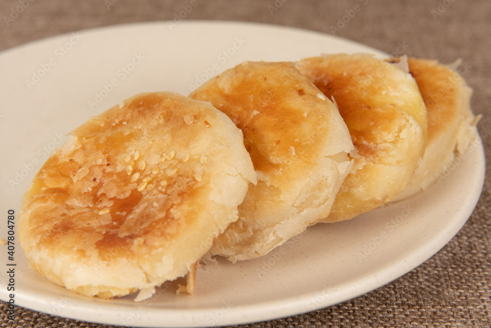 Mung bean cake on a linen background