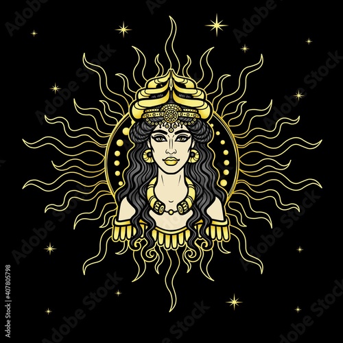 Cartoon drawing: beautiful woman in a horned crown In the glow of the sun, a character in Assyrian mythology. Ishtar, Astarta, Inanna. Vector illustration isolated on a white background.