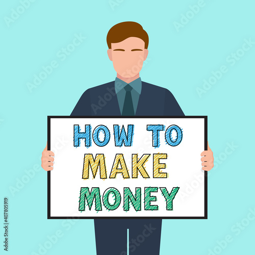  Businessman with board how to make money, illustration vector cartoon