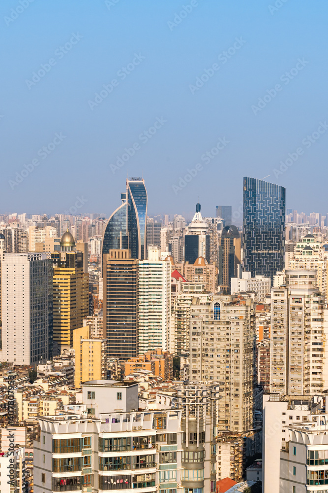 Modern cityscape, Chinese city skyline at dusk, Xiamen, China