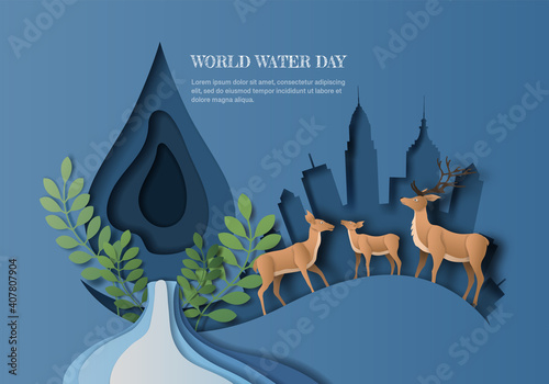 World Water Day, save water, a landscape of deer family with water drop and city background, paper illustration and 3d paper.