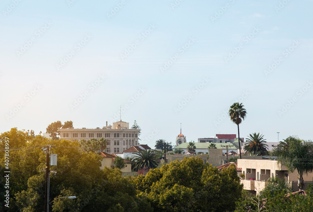 Sun shines on the historic downtown district of Santa Ana, California, USA.