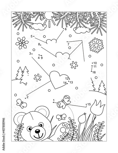 Valentine's Day greeting mail arrives full page connect the dots puzzle and coloring page
