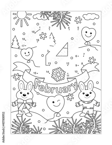 Valentine's Day February 14 heading full page connect the dots puzzle and coloring page
