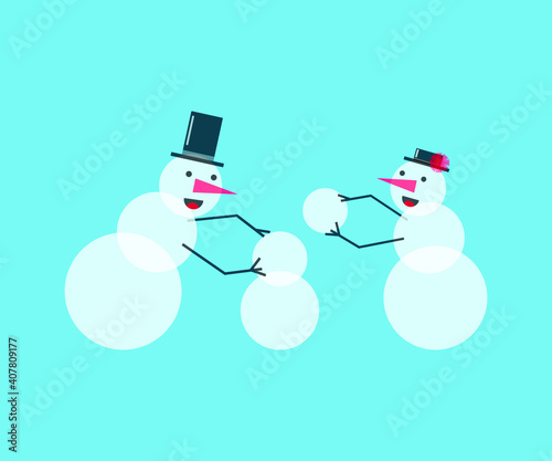 two funny smiling snowmen in black topper hats, making another snowman, created on blue background, family concept, Christmas and winter joy, flat design