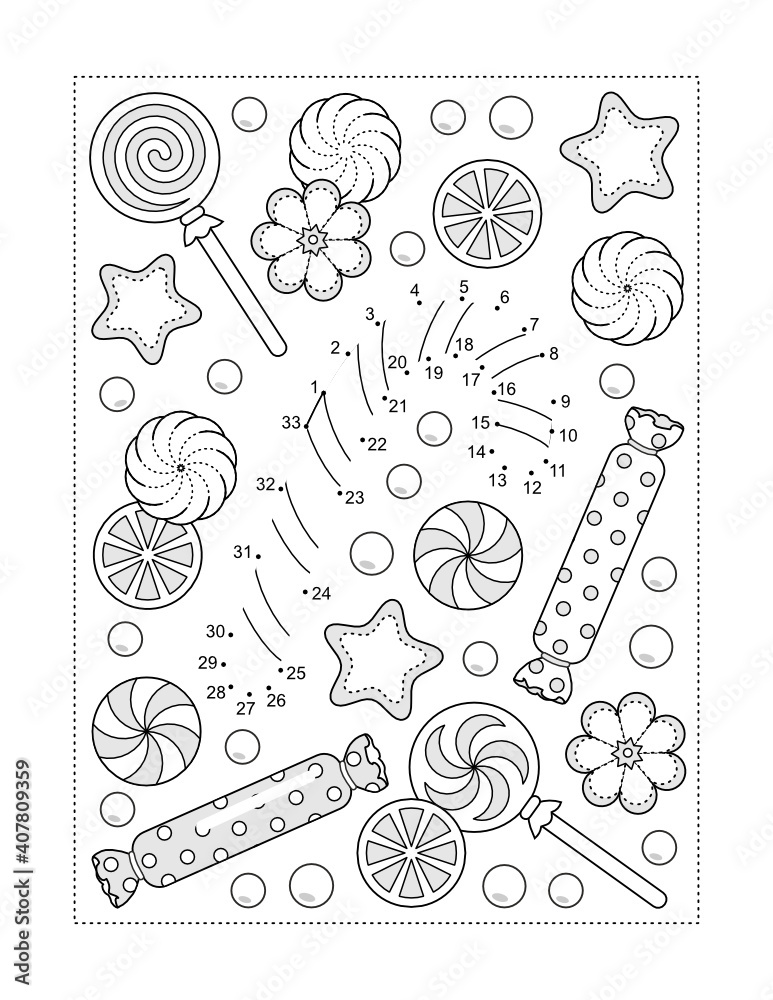 Candy cane and various holiday sweets full page connect the dots puzzle and coloring page
