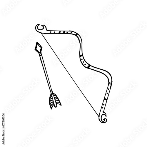 bow and arrow vector illustration. archery sport. traditional weapon for hunting, medieval history. hand drawn vector. doodle for wallpaper, sticker, clipart, logo, label, advertising, poster.