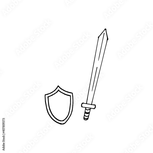 sword and shield vector illustration isolated on white background. knight weapon for war or battle. hand drawn vector for sticker, clipart, banner, poster, coloring, symbol, asset game.