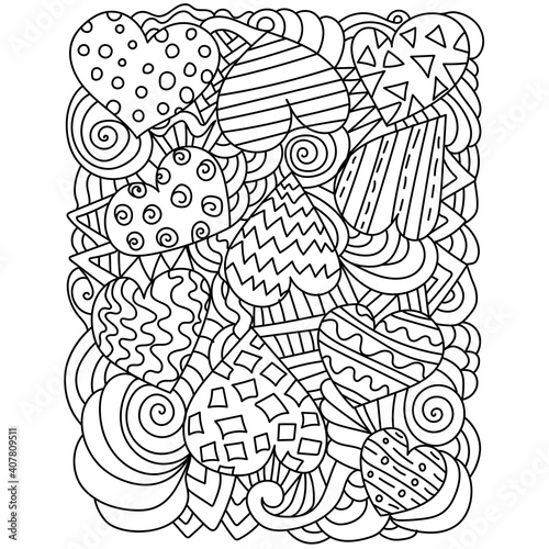 Antistress coloring page with hearts and ornate patterns, linear contour curls and waves for meditative coloring or Valentine's Day