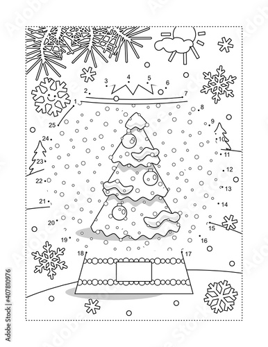 Full page snowglobe with Christmas tree connect the dots puzzle and coloring page or activity sheet. Learning or reinforcing math basics of numbers and order.
