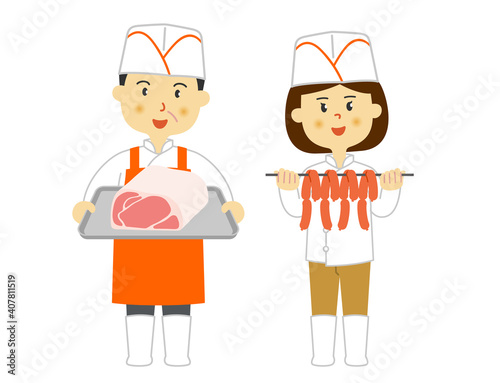 人物　精肉店　男女