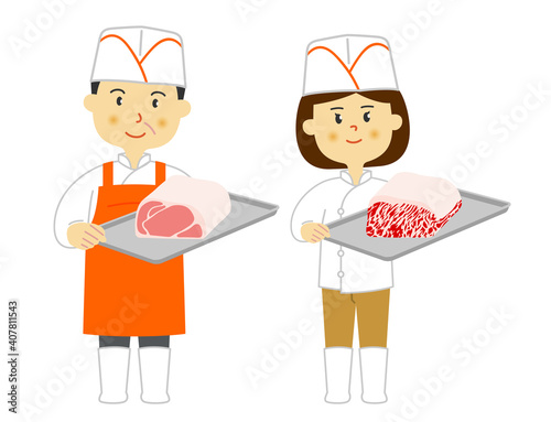 人物　精肉店　男女