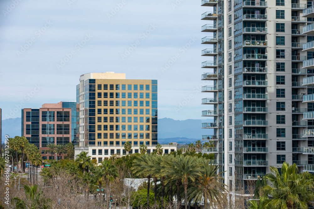 Daytime skyline view of downtown Santa Ana, California, USA.