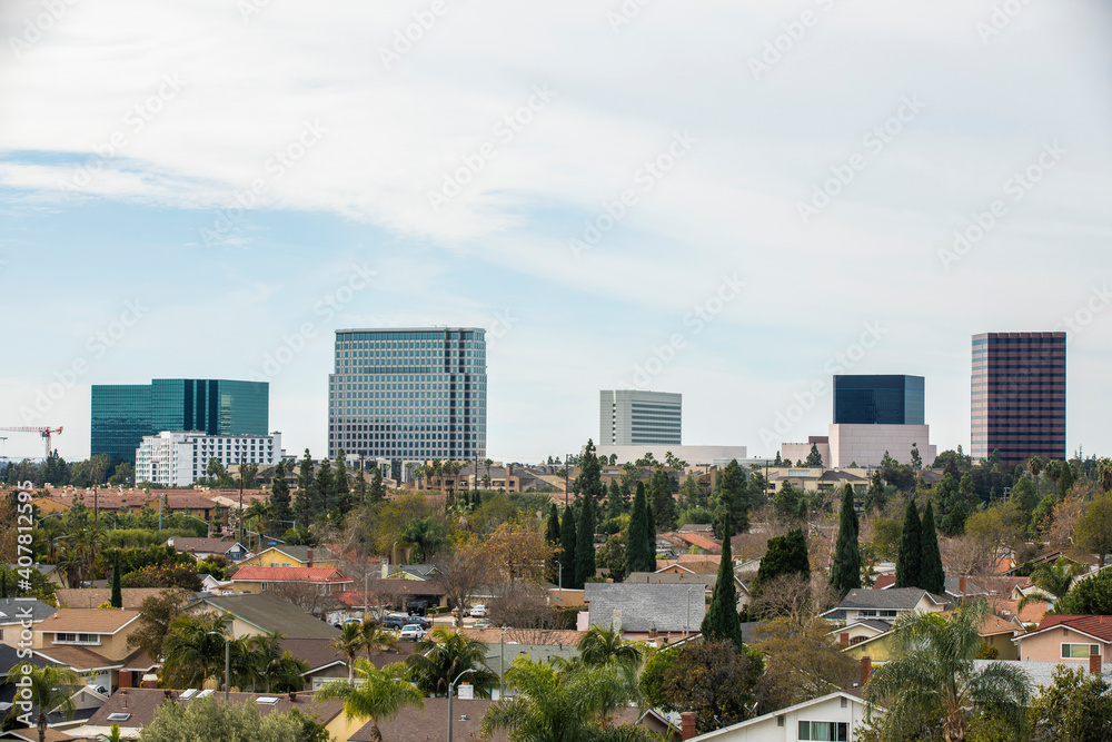 Day time view of the downtown skyline of Costa Mesa, California, USA.