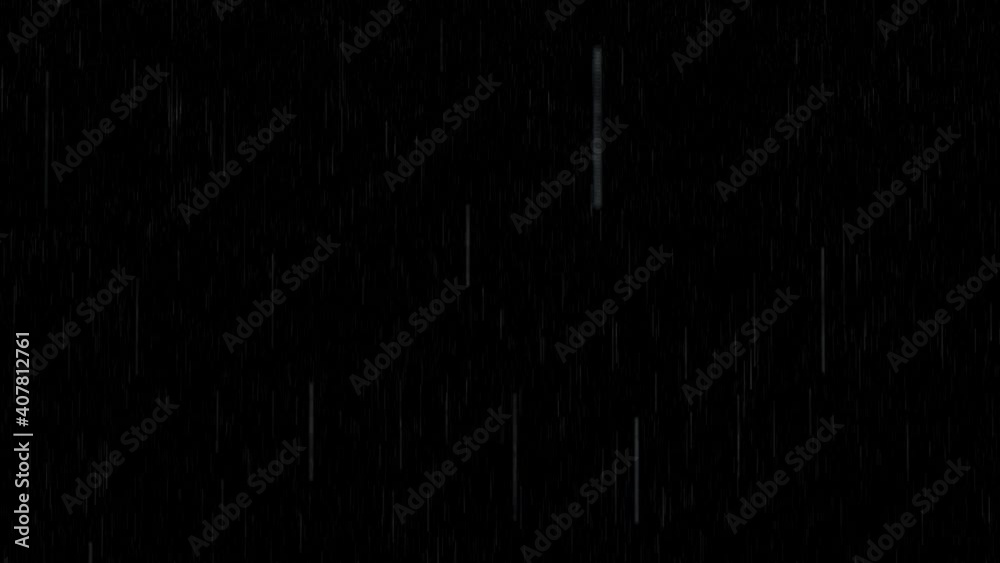 Rain. Falling raindrops footage animation in realtime on dark black background with fog, lightened from top, seamlessly looped rain animation, perfect for film, digital composition, projection mapping