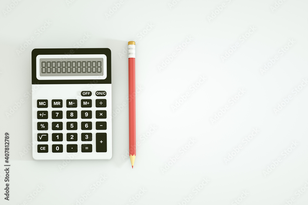 3d rendering of Office Calculator and Pen Pencil on the white background. Top view. 3d rendering of Office Calculator and Pen Pencil on the white background. Top view.