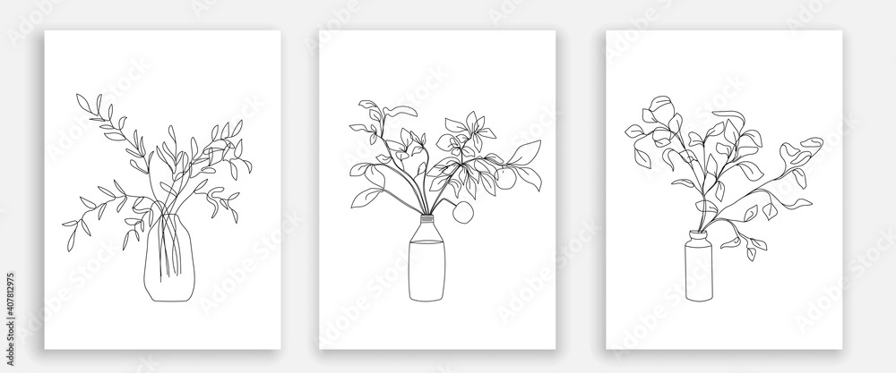 Continuous Line Drawing Prints Set Of Plants Black Sketch Isolated on White Background. Flowers One Line Illustration. Minimalist Prints Set. Vector EPS 10.