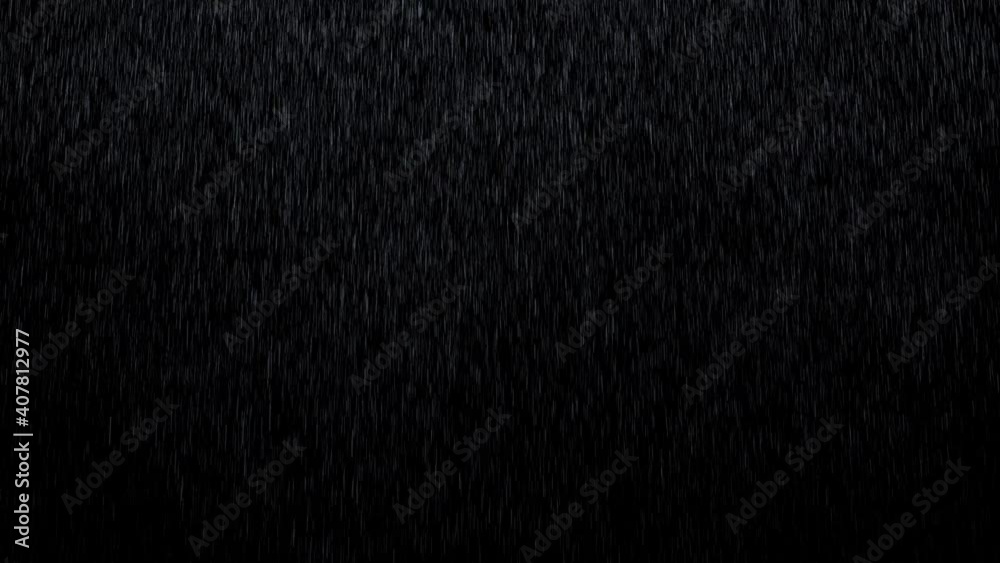 Rain. Falling raindrops footage animation in realtime on dark black background with fog, lightened from top, seamlessly looped rain animation, perfect for film, digital composition, projection mapping