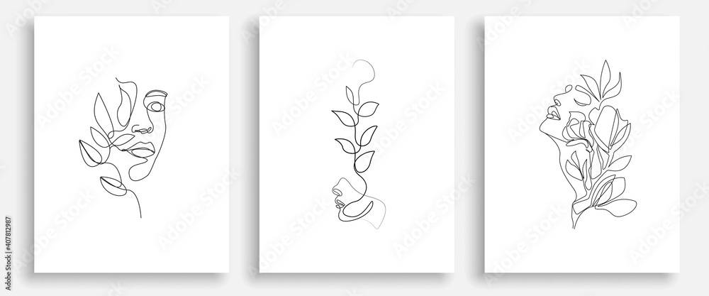 Woman Abstract Face with Flowers One Line Drawing. Female Portrait Minimalist Style. Botanical Print. Nature Trendy Symbol for Cosmetics. Continuous Line Art. Fashion Minimal Print. Beaty Logo. Vector