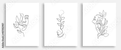 Woman Abstract Face with Flowers One Line Drawing. Female Portrait Minimalist Style. Botanical Print. Nature Trendy Symbol for Cosmetics. Continuous Line Art. Fashion Minimal Print. Beaty Logo. Vector