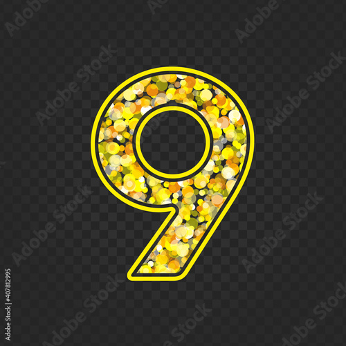 Gold glittering number nine on transparent background. Shining golden number 9 of sparkles. Luxury Golden Glitter elegant celebration design for decoration wedding, anniversary, party, label, headline