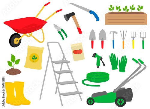 Set gardening elements vector illustration. Garden tools. 