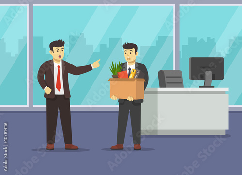 Angry boss businessman yelling at coworker. Leader scolds and pointing index finger at employee. Flat vector illustration template.